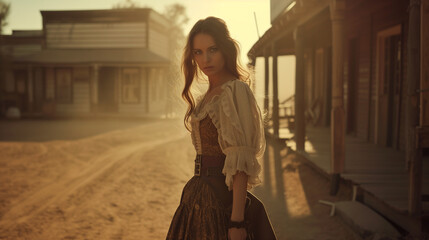 Beautiful woman of the wild west wearing a dress in a western cowboy town