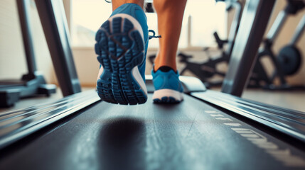 Close-up of man feet on a treadmill running at the gym or at home - obrazy, fototapety, plakaty
