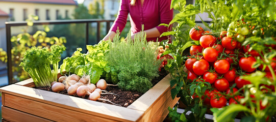Vegetable garden on a balcony in the city. Urban sustainable organic garden concept on balcony. - obrazy, fototapety, plakaty