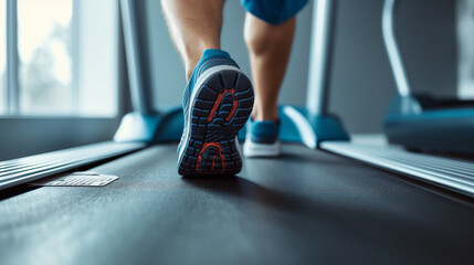 Close-up of man feet on a treadmill running at the gym or at home