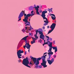 illustration for International Women's Day in a trendy flat style of a silhouette of the number 8, consisting of a pattern of many diverse women , pink an purple colors 