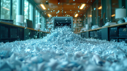A high-resolution capture of a professional-grade shredder machine at work, shredding paper into fine pieces, depicting the process of document destruction and confidentiality