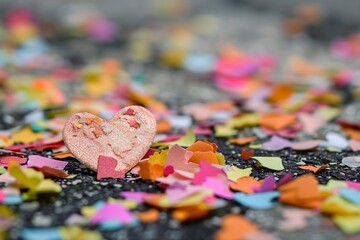 A close-up view of colorful confetti scattered on the ground, featuring a prominent sprinkle shaped like a peach heart, representing love and celebration of diversity