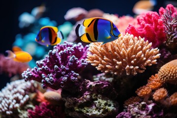 Fototapeta na wymiar A group of vibrant and diverse fish swimming amongst the coral reefs in the crystal clear waters of the ocean