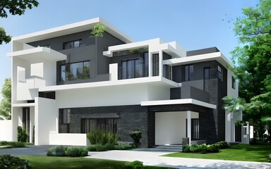 Fototapeta premium Beautiful contemporary white house with blue sky
