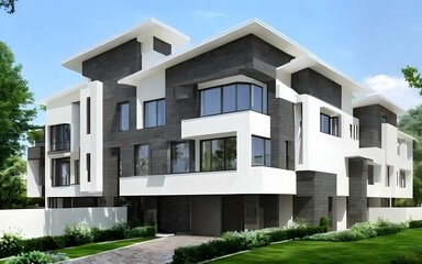 Exterior modern white villa or house with garden