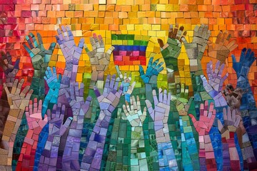 A mosaic composed of diverse hands, each painted in different colors including peach, holding aloft a rainbow flag, symbolizing unity and acceptance