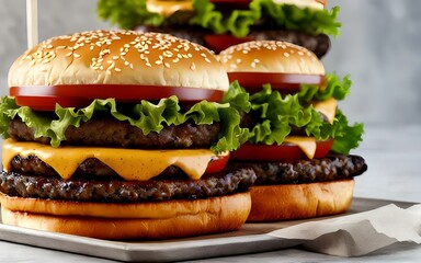delicious burgers of beef, cheese and vegetables. Fat unhealthy food close-up.