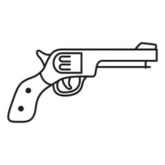 Gun revolver icon.Handgun six shooter pistol.Cowboy revolver.Wlid west symbol.Wlid west weapon. Isolated on white background.Outline vector illustration.