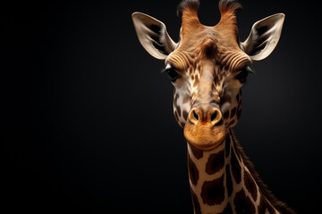 Close-up of a giraffe’s face, showcasing unique patterns and textures of the animal against a black background with copy space
