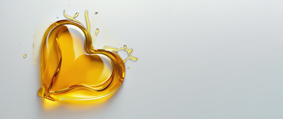 Golden yellow honey like cosmetic gel, splash on white table in shape of heart - copy space at side. Generative AI