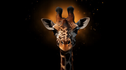 Portrait of a giraffe in shining golden light on a pure black background, embodying the concept of...