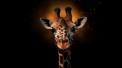Fotobehang Portrait of a giraffe in shining golden light on a pure black background, embodying the concept of natural majesty and beauty © Mary_AMM