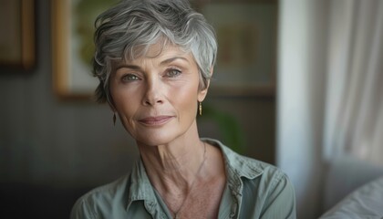 Portrait of beautiful senior woman looking at camera while sitting at home