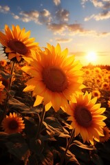 A field of sunflowers with the sun setting in the background, casting a warm glow over the vibrant yellow flowers