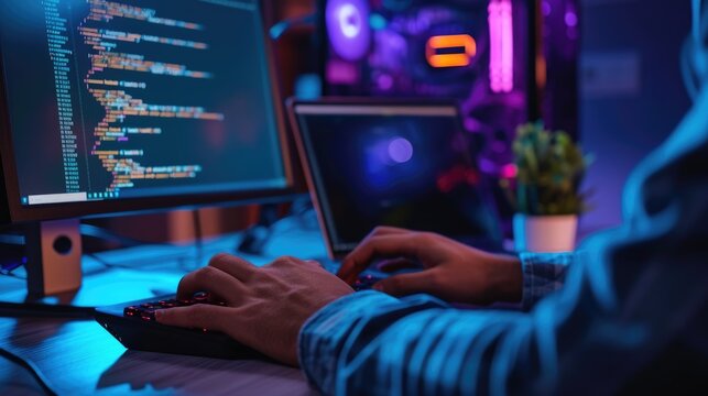 Close-up of a programmer's hands typing on a backlit keyboard, with lines of code displayed across multiple computer screens. AIG41