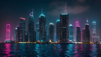 Fototapeta premium A city of neon dreams rises from the depths of the ocean, its skyscrapers reaching for the surface