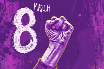 8 march illustration,  International Women’s Day Tribute with fists raised , purple colors
