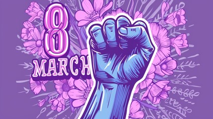 8 march illustration,  International Women&rsquo;s Day Tribute with fists raised , purple colors
