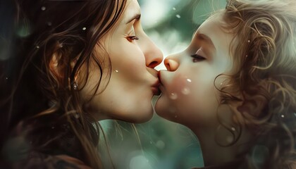 Portrait of a beautiful young mother and her adorable daughter kissing outdoors - obrazy, fototapety, plakaty