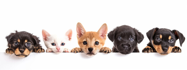 kittens and puppies on a white background