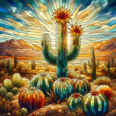 Desert cactus Stained glass design.  - obrazy, fototapety, plakaty