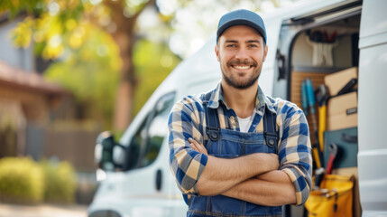 smiling man with a beard, wearing a blue cap, a plaid shirt, and a blue overall with a tool belt, standing confidently with his arms crossed in front of a white van.