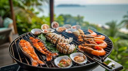 Luxurious seafood on grill stove, salmon, shrimp and shell , beach seaview background