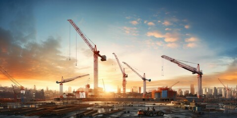 Construction site panorama at sunset background