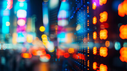 blurred view of a cityscape at night, showcasing the vibrant bokeh effect of city lights and possibly a digital stock market display. - obrazy, fototapety, plakaty