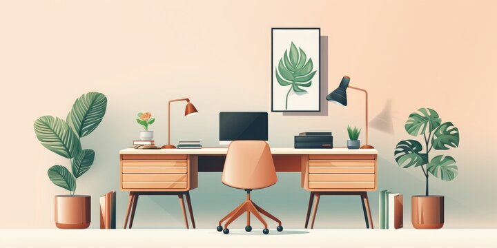 Creative composition of home office space with two wooden frames, stylish desk, chairs, plant, laptop and office accessories. Home decor background