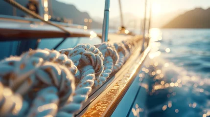 Zelfklevend Fotobehang Rigging of a luxury yacht sparkling in the sun, against the background of Norwegian fjords. Concept of the Quite Luxury © mikhailberkut