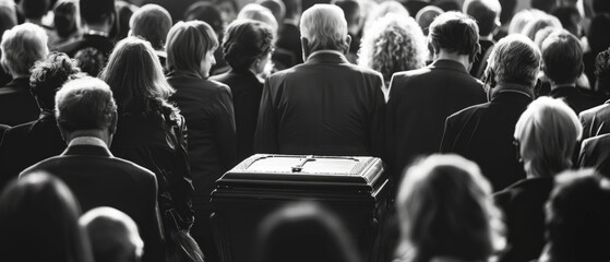 A closed coffin at a funeral surrounded by grieving family members in a moment of grief and memories, black and white photo