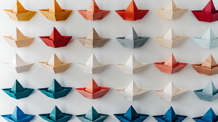 small minimalistic paper boats in different colors evenly distributed in rows on white background