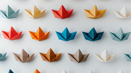 Obraz premium background of small origami paper boats in different colors on white