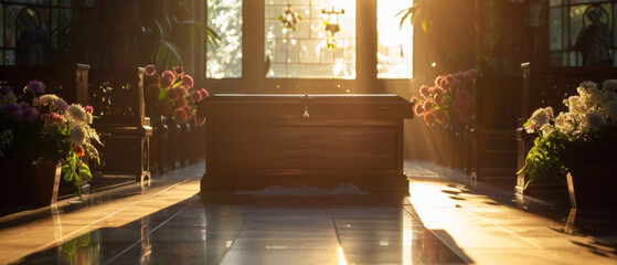 Tranquil Funeral Setting with Coffin and Floral Arrangements at Sunset - obrazy, fototapety, plakaty