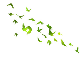 A flock of green watercolor flying birds. Free birds abstraction. hand drawing. Not AI. Vector illustration