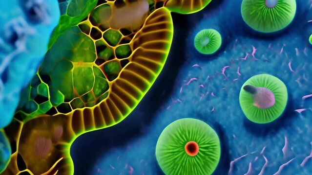 Color microscopic visualization of cellular structures and microorganisms. Concept: scientific research by microbiologists and immunologists