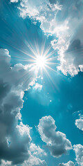 Blue sky with white clouds and bright midday sun