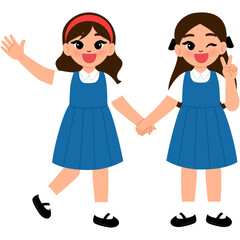 2 student girl in school uniform holding hand illustration