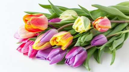 Obraz premium bouquet of tulips, radiating with color and life, elegantly presented against a pristine white isolated background