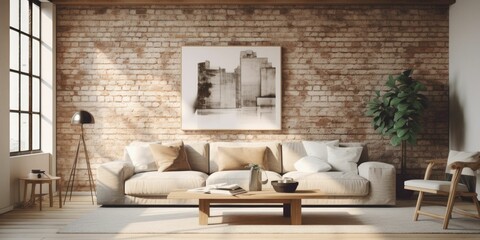 Fototapeta na wymiar Large living room loft, bright, sunny interior. Big mockup canvas over the sofa