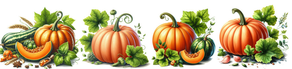 Set of three orange pumpkins and green leaves isolated on a white background.