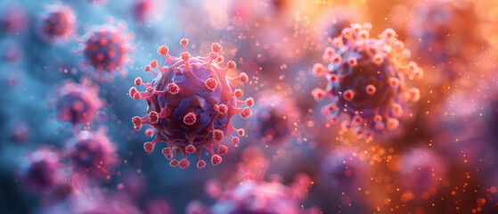 Microscopic image of viral particles in vivid detail. The concept of visualization of microscopic pathogens, banner