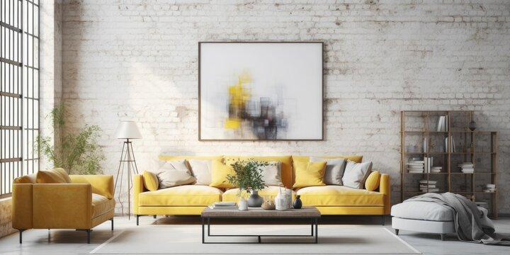 Large living room loft, bright, sunny interior. Big mockup canvas over the sofa