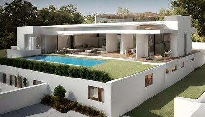 projeto de arquitetura de casa terrea com piscina construida em alvenaria com acabamentos em pintura branca - obrazy, fototapety, plakaty