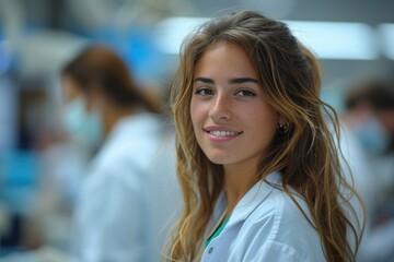 A dental student in a clinical setting radiates confidence, her approachable demeanor indicative of the patient-friendly nature of modern dentistry.