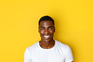 Portrait of handsome young black man against yellow background. - obrazy, fototapety, plakaty