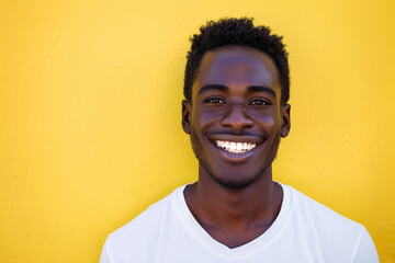 Portrait of handsome young black man against yellow background.