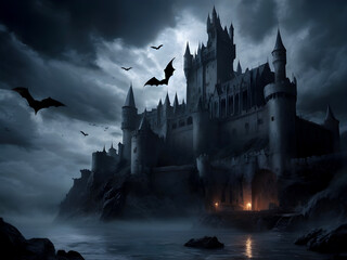 A haunted scary castle house with bats and spiders halloween background misty horror night moon light